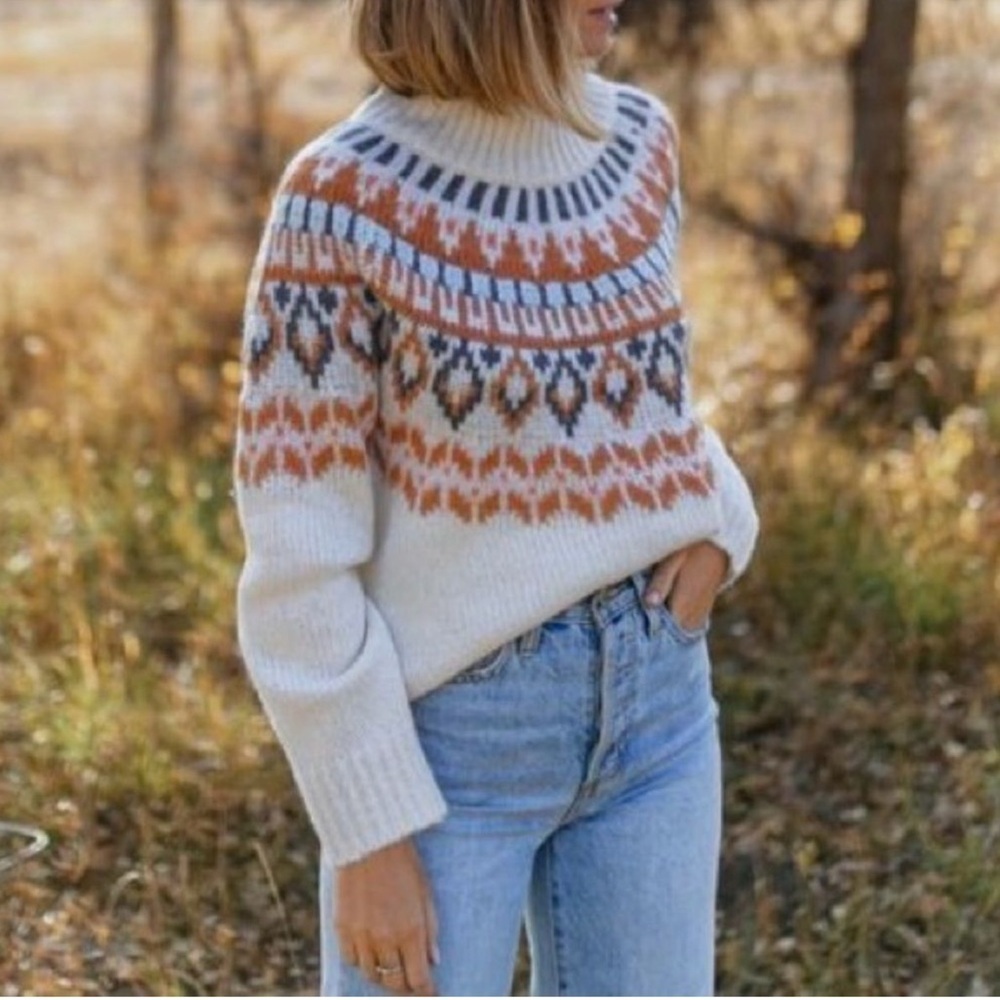 Aerie Fair Isle Fuzzy Chunky Knit Sweater Open Crewneck Ivory Orange Oversized